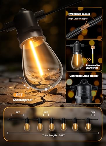 Minetom 34FT Solar String Lights Outdoor Waterproof, S14 Patio Lights