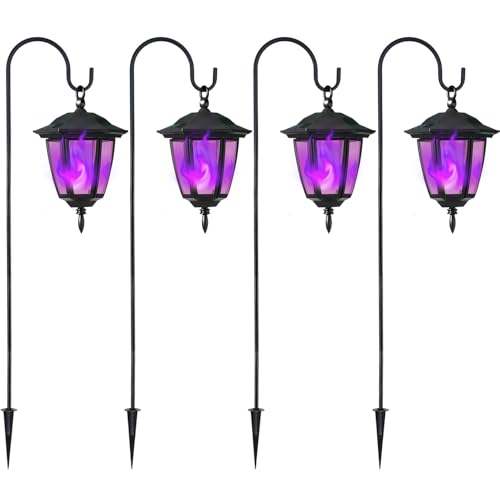 Dynaming 4 Pack Solar Halloween Flame Hanging Lights Outdoor, Flickering Flame LED Garden Lanterns with 4x38 Inch Shepherd Hooks, Landscape Lighting Waterproof for Lawn Yard Pathway Driveway, Purple