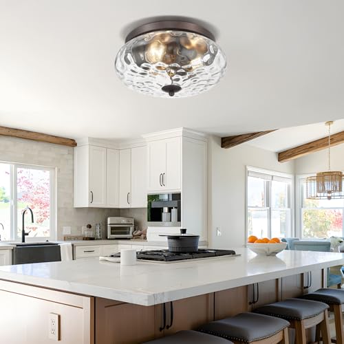 Darkaway Oil-Rubbed Bronze Ceiling Light Fixtures, 3-Light Flush Mount Ceiling Light with Water Ripple Glass Shade for Indoor Outdoor Hallway Kitchen Bedroom Porch Schoolhouse