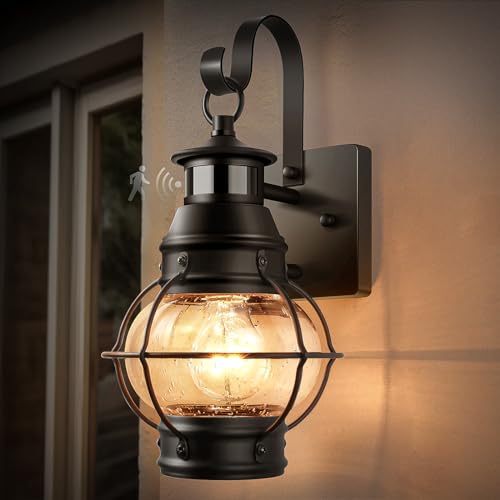 Lamomo Motion Sensor Outdoor Wall Light, Dusk to Dawn Porch Light, Black