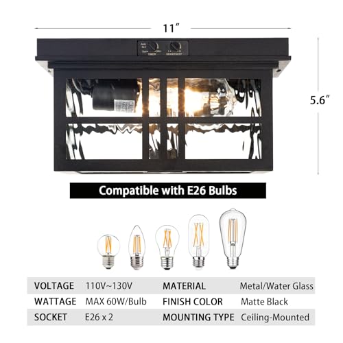 CALOKES Industrial Motion Sensor Outdoor Flush Mount Ceiling Light, Water Ripple Glass Square Black 2-Light Ceiling Lamp for Porch, Entryway, and Garage, Timer and Sensitivity Adjustable