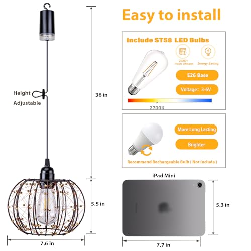 Battery Operated Hanging Chandelier Outdoor, Set of 2 with Remote, No Wiring, Boho Copper Wire Beaded Pendant Light, IP55 Weatherproof, Dimmable Timer, for Gazebo Pergola Porch Patio Decor