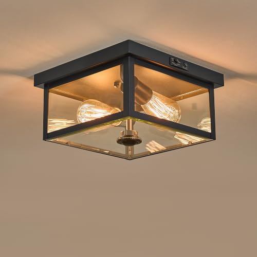 Tarentlight Adjustable Motion Sensor Ceiling Light Fixture Outdoor Modern Design of Squares Flush Mount 2-Light Textured Black with Clear Glass for Your Porch,Garage,Patio,Hallway,Front and Back Yards