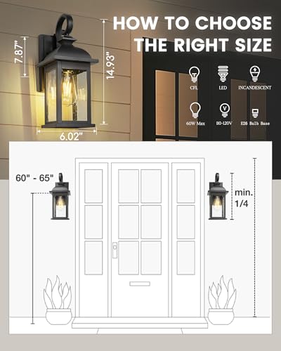 FEMILA Dusk to Dawn Outdoor Wall Sconce, 15" Matte Black Seeded Glass Outdoor Sconce Lights, Front Porch Light Fixtures Wall Mount, Garage Lights for Patio, Entryway, Garden, 4FD54B-PC BK