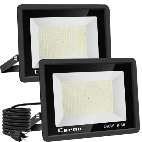 Ceena 2 Pack 240W Plug in LED Flood Light Outdoor, 24000lm Super Bright Floodlight with Switch and 5.9FT Wire, IP66 Waterproof 6000K LED Work Lights for Basketball Court, Playground, Stadium