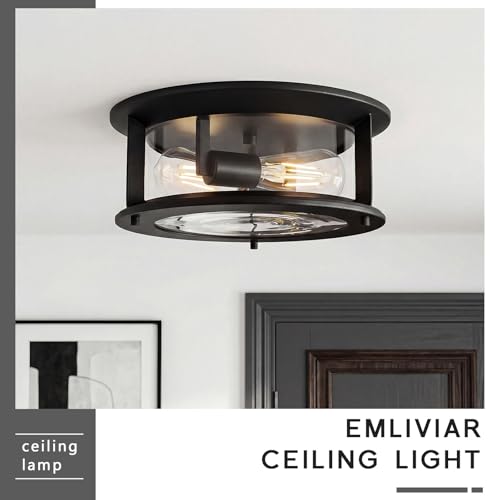 Emliviar 12.6" Farmhouse Flush Mount Ceiling Light, 2-Light Modern Close to Ceiling Light Fixture for Kitchen, Hallway Mounted Lantern with Clear Glass, Black Finish, YE19108-F1 BK