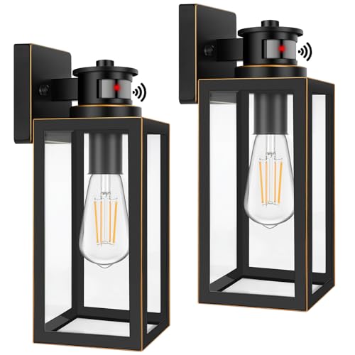 2-Pack Motion Sensor Outdoor Wall Lights, Waterproof Dusk to Dawn Exterior Wall Light Fixtures, Oil Rubbed Bronze Outside Porch Lights for House Garage, Motion Sensor Wall Lanterns with Clear Glass