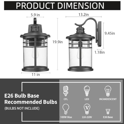 Darkaway 20inch Outdoor Porch Lights Wall Mount, Extra Large Outside Light Fixtures Sconces Wall Lighting with Seeded Glass Waterproof Exterior Lights for House Patio Yard Hallway Doorway Garage