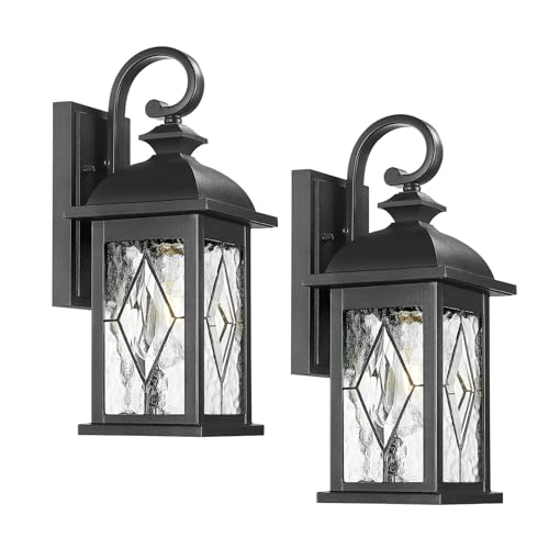 FEMILA 15" Exterior Wall Sconce, 2-Pack Outdoor Waterproof Wall Lights Fixture, Anti-Rust Matte Black Finish with Water Ripple Glass,4FD54B-2PK BK-SD