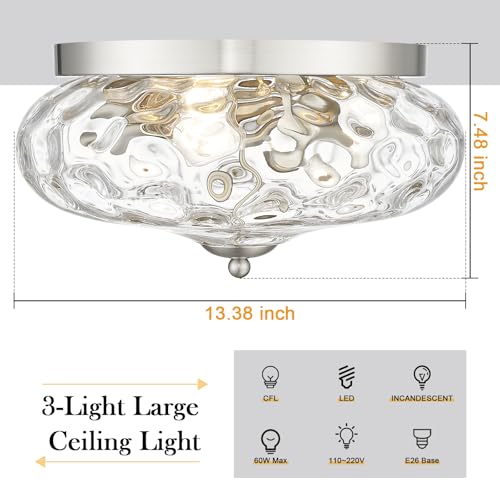Darkaway Large Ceiling Light Fixtures 3-Ight Flush Mount Indoor Outdoor Ceiling Light with Water ipple Glass Shade for Kitchen Bedroom Living Room Dining Room Entry Porch Nickel Finish