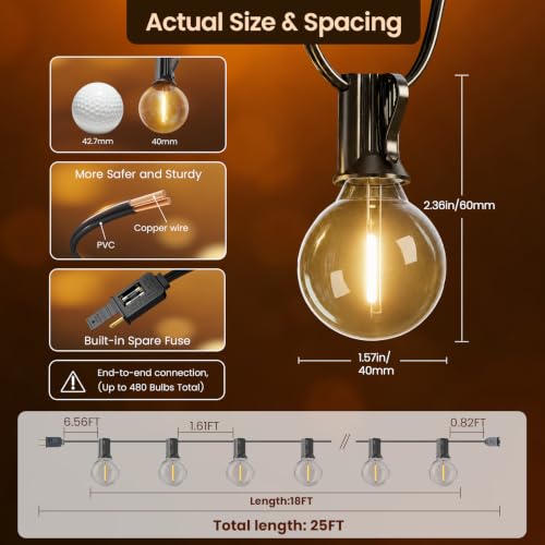 RTTY Outdoor String Lights LED 25 FT, Patio Light Waterproof 13 LED Bulbs