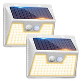 White Frame Solar Motion Sensor Lights Outdoor, 2 Packs 180LED Warm Solar Wall Lights Waterproof, 3 Modes Fence Security Lighting for Deck Yard Stairs Garden