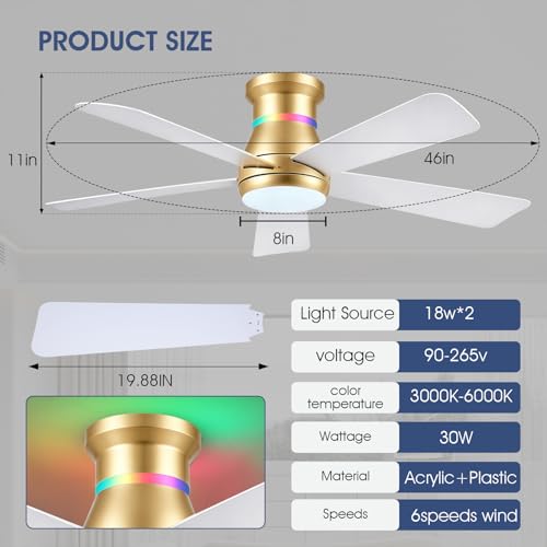 Surtime 46" Ceiling Fans with RGB Lights - Flush Mount Ceiling Fan Light with LED 3CCT Dimmable, Modern Low Profile Gold Ceiling Fan with Reversible White Blades