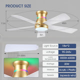 Surtime 46" Ceiling Fans with RGB Lights - Flush Mount Ceiling Fan Light with LED 3CCT Dimmable, Modern Low Profile Gold Ceiling Fan with Reversible White Blades