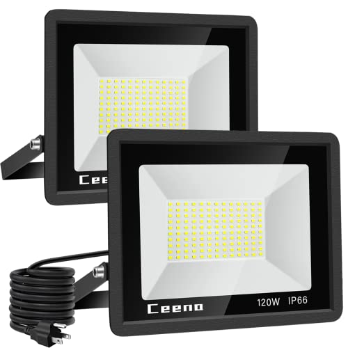 Ceena 2 Pack 120W Plug in LED Flood Light Outdoor, 12000lm Super Bright Floodlight with Switch and 5.9FT Wire, IP66 Waterproof 6000K LED Work Lights for Backyard, Workshop, Basketball Court