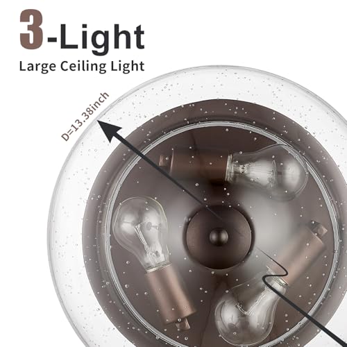 Darkaway Large Ceiling Light Fixtures 3-Ight Flush Mount Indoor Outdoor Ceiling Light with Seeded Glass Shade for Hallway Kitchen Bedroom Porch Living Room Dining Room Bronze Finish