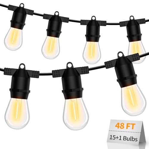 S14 LED Outdoor String Lights, IP65 Waterproof 48FT Outside Patio Lights, Edison Shatterproof Bulb Vintage Backyard Lights, Balcony, Deck, Garden Lights