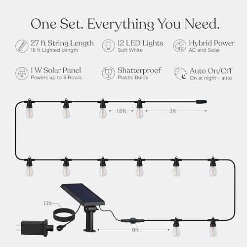 Brightech Ambience Hybrid Outdoor String Lights - Dual Plug and Solar Powered Waterproof LED Light String for Outside - 27 Ft, Soft White Edison Bulbs, for Camping, Patio, Cafe, Yard, Porch
