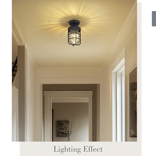 Emliviar Oil Rubbed Bronze Finish Light Fixture Ceiling Mount, Retro 11.1" Semi Flush Lighting with Water Ripple Glass Shade, GE255LF ORB-WG
