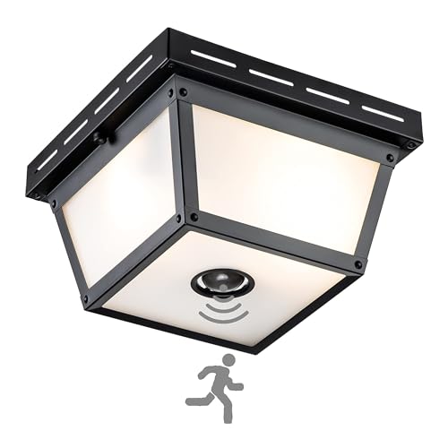 2-Light Motion Sensor Ceiling Light Fixture Outdoor Flush Mount Light Porch Lights Ceiling Mount Black with Textured Glass for Front Porch Deck Covered Patio Hallway