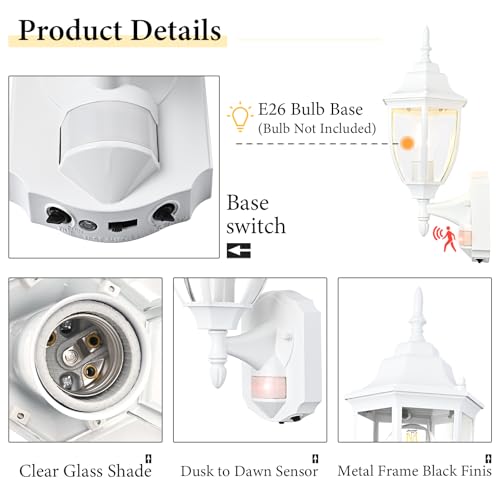 Porch Lights Outdoor Motion Sensor Wall Sconce Anti-Rust Aluminum, Exterior Outdoor Wall Lights Dusk to Dawn Porch Light Fixture Wall Mount for House Outside Patio White
