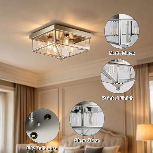 Kalium Farmhouse Style Square Flush Mount Ceiling Light, 4-Light Modern.