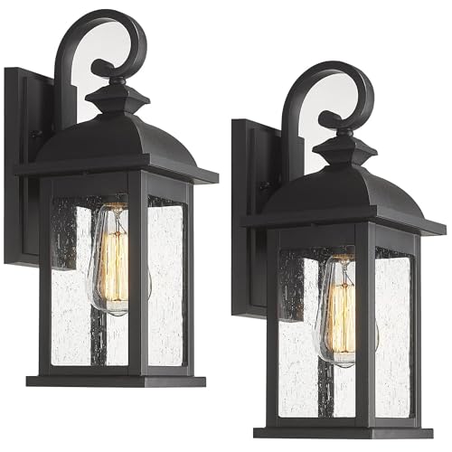 FEMILA Exterior Wall Sconce, 2 Packs Outdoor Waterproof Wall Lights Fixture, E26 Socket Wall Lantern for Porch, Anti-Rust Matte Black Finish with Seeded Glass Lampshade, 4FD54B-2PK BK