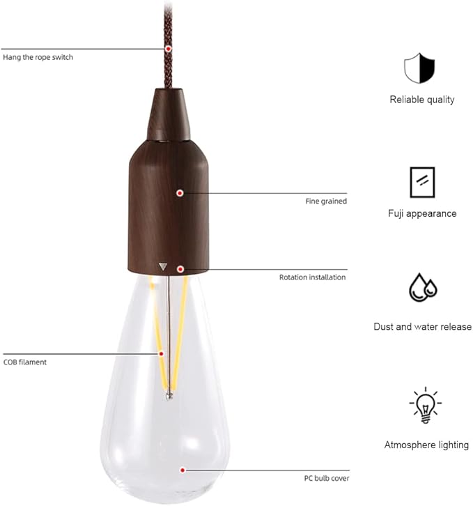 LED Pull Cord Light Bulb Portable Hanging Lantern Battery Operated for Indoor Outdoor Camping Room Decoration Party Wedding BBQ's Garden Decorative