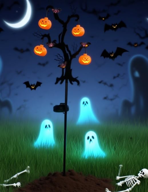 Halloween Solar Pathway Lights Kit - LED Pumpkin Ground Lights with Bat Garden Stakes for Spooky Outdoor Yard Decor, 72cm