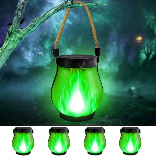 4 Pack Halloween Solar Lanterns Outdoor Waterproof Green Solar Flame Lights