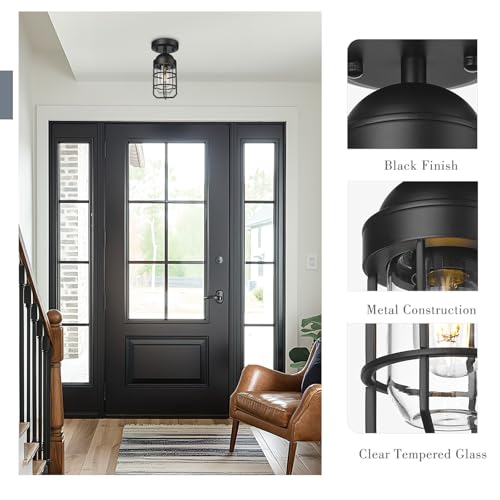 Emliviar Industrial Ceiling Light, Semi Flush Mount Lighting for Indoor, Clear Tempered Glass Shade in Black Finish, GE255F BK