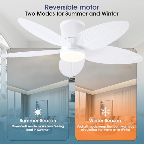 Surtime Palm Leaf Ceiling Fans with Lights-42 Tropical Ceiling Fan with Light and Remote/APP Control,Flush Mount Low Profile White Ceiling Fans for Bedroom,Indoor/Outdoor Patio Use