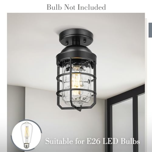 Emliviar Industrial Ceiling Lamp with Water Ripple Glass Shade, 11.1 Inch Classic Semi Flush Mount Light in Black Finish for Kitchen, GE255LF BK-WG