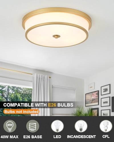 16 inch Flush Mount Ceiling Light, 3-Light Close to Ceiling Light Fixtures with Gold Finish for Livingroom Bedroom Kitchen Diningroom (Gold)