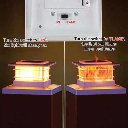 2 Pack Solar Post Cap Lights Outdoor with Flickering Flame Light, White Shell Fence Post Solar Lights Fit 4x4 5x5 Vinyl/Wooden Posts, Brightness LED Lighting Decor for Garden Deck Patio
