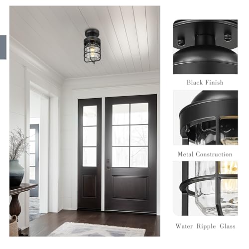 Emliviar Industrial Ceiling Lamp with Water Ripple Glass Shade, 11.1 Inch Classic Semi Flush Mount Light in Black Finish for Kitchen, GE255LF BK-WG