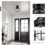 Emliviar Industrial Ceiling Lamp with Water Ripple Glass Shade, 11.1 Inch Classic Semi Flush Mount Light in Black Finish for Kitchen, GE255LF BK-WG