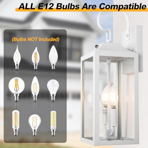 19" White Dusk to Dawn Outdoor Wall Lantern 2-Light, Farmhouse Porch Lights