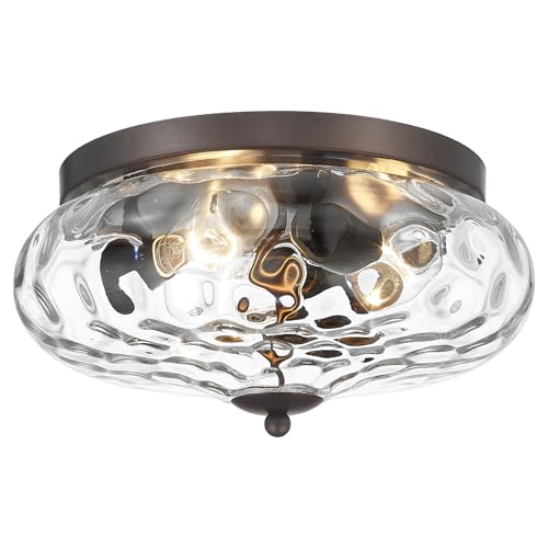 Darkaway Oil-Rubbed Bronze Ceiling Light Fixtures, 3-Light Flush Mount Ceiling Light with Water Ripple Glass Shade for Indoor Outdoor Hallway Kitchen Bedroom Porch Schoolhouse