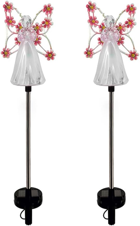 Hyuduo Angel Solar Lights 2 Pack – Stainless Steel Outdoor Garden Lights, 7 LED Cool White Solar Pathway Lights for Yard, Lawn, Walkway, Driveway – IP44 Waterproof