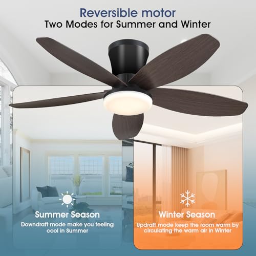 Surtime Ceiling Fans with Lights-36 Low Profile Ceiling Fan with Light and Remote/APP Control,Flush Mount,DC Reversible,LED Dimmable Modern Ceiling Fans for Bedroom,Indoor/Outdoor Patio Use(Brown)