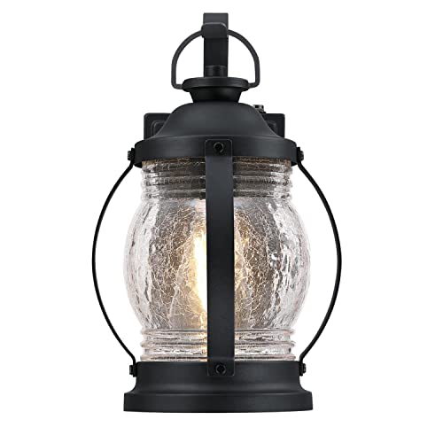 Westinghouse 6120400 Canyon Craftsman-Style One Light Outdoor Wall Fixture with Dusk to Dawn Sensor, Textured Black Finish, Clear Crackle Glass