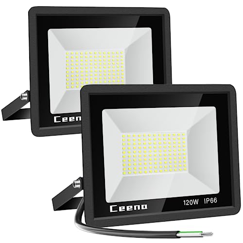 Ceena 2 Pack 120W Hardwired LED Flood Light Outdoor, 12000lm Super Bright Floodlight, IP66 Waterproof 6000K Daylight White Exterior Lights for Backyard, Workshop, Basketball Court