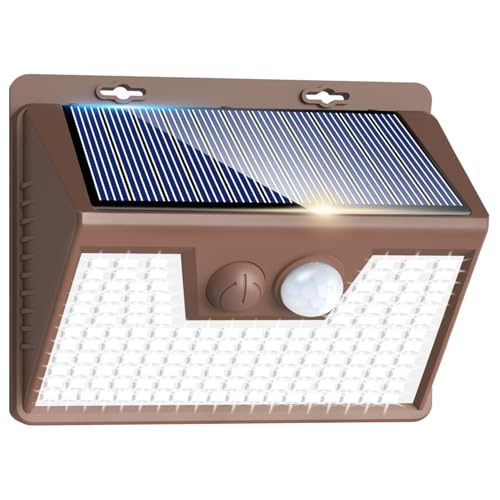 Solar Lights Outdoor Motion Sensor [1 Pack/140LED/Brown], Ultra-Bright 3 Mode Fence Security Light Waterproof, Solar Wall Lighting for Patio Yard Step House Outside
