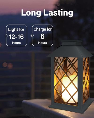 SHYMERY Solar Lanterns Outdoor Waterproof, 14 Inch Outdoor Lanterns with LED Flickering Flameless Candles,2 Pack Hanging Black Lantern Decorative for Patio,Front Porch,Balcony,Outside,Table Decor