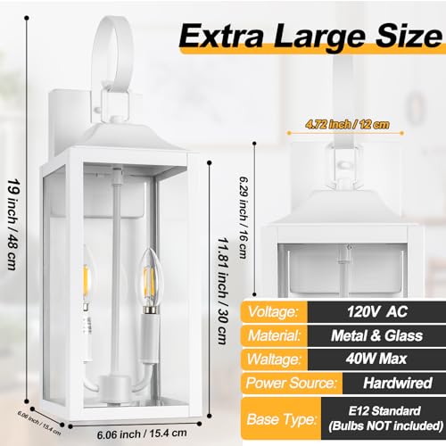 19" White Dusk to Dawn Outdoor Wall Lantern 2-Light, Farmhouse Porch Lights