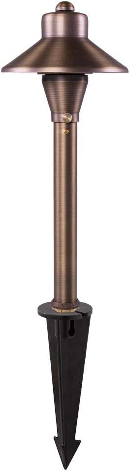 VOLT Flat Hat 12V Brass Mini Path Light (5" Shade, 15" Tall) with 3W 2700K Warm White G4 LED Bulb for Low Voltage Landscape Lighting on Outdoor Pathway, Walkway, Garden, Driveway or Patio
