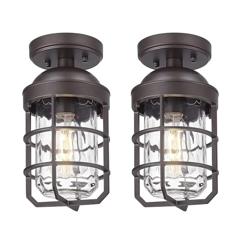 Emliviar Pack of 2 Semi-Flush Mount Ceiling Lights with Water Ripple Glass Shade, Vintage Metal Ceiling Lamps in Oil Rubbed Bronze Finish, GE255LF-2PK ORB-WG