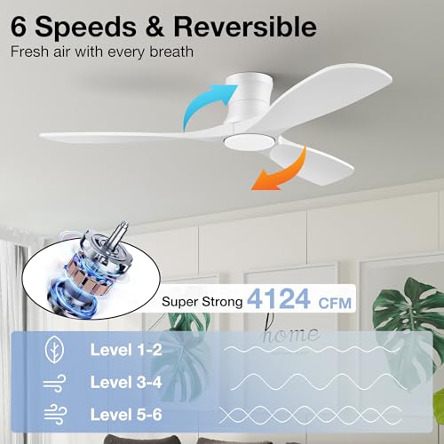 52 Inch Wood Low Profile Ceiling Fans with Lights Remote,Flush Mount,White