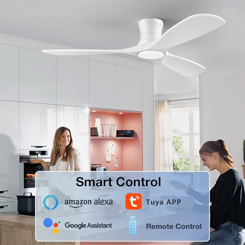 52” Smart Low Profile Ceiling Fans with Light Remote,Wood,Flush Mount,White